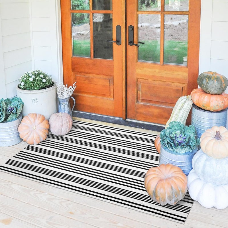 KOZYFLY Striped Outdoor Rug 3x5 Ft Black and White Front Door Rug Hand Woven Area Rug Washable Outdoor Doormats Outdoor Entrance Mat for Front Door Kitchen Entryway Patio Front Porch Decor - Image 1