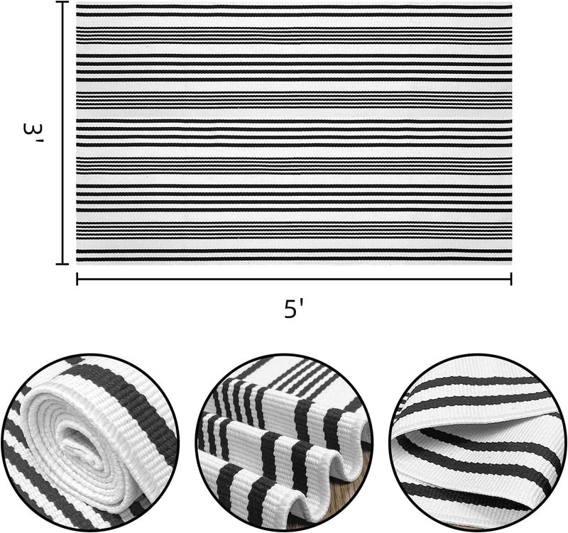 KOZYFLY Striped Outdoor Rug 3x5 Ft Black and White Front Door Rug Hand Woven Area Rug Washable Outdoor Doormats Outdoor Entrance Mat for Front Door Kitchen Entryway Patio Front Porch Decor - Image 2