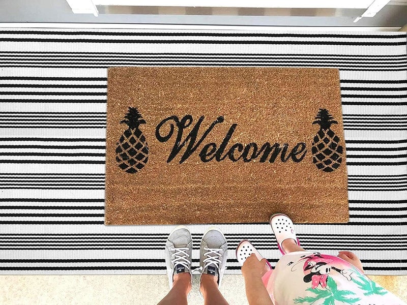 KOZYFLY Striped Outdoor Rug 3x5 Ft Black and White Front Door Rug Hand Woven Area Rug Washable Outdoor Doormats Outdoor Entrance Mat for Front Door Kitchen Entryway Patio Front Porch Decor - Image 3
