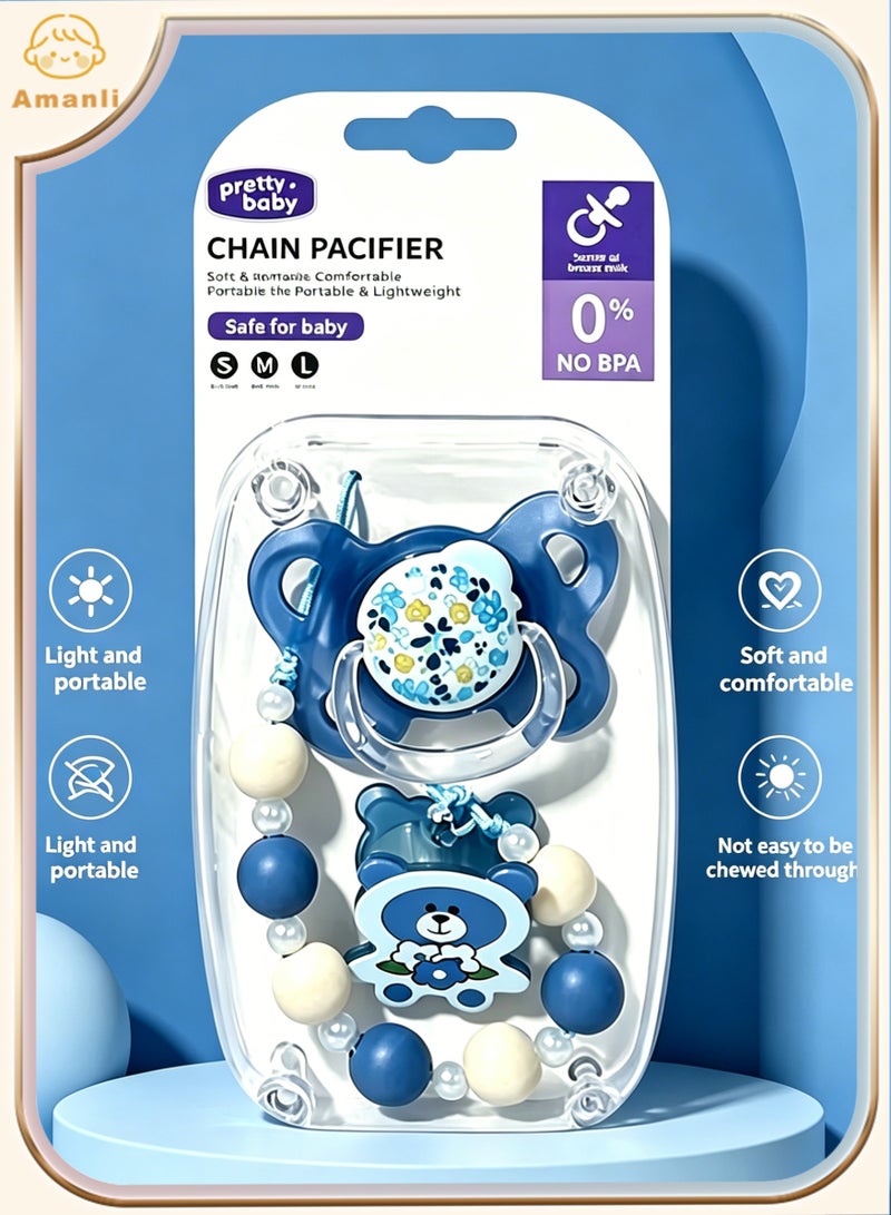 Amanli 1 Pcs Baby Pacifier with Clip & Chain - Food-Grade PP & Soft Silicone, BPA-Free, Soothing Comfort for Infants (Blue) - Image 1