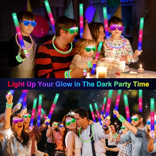 OLUPP 150 PCS Glow in the Dark Party Supplies 16 Foam Sticks 16 LED Glasses 100 Glow Sticks and 18 Finger Lights for Neon Party Wedding Birthday Concert New Year Carnivals Raves - Image 5