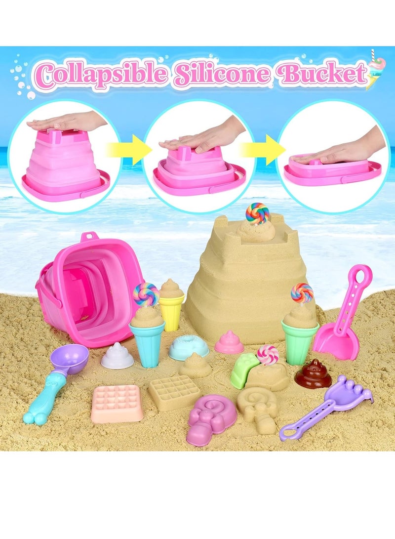 CUNUUDOOL Collapsible Beach Toys Set for Kids Toddlers Girls, Collapsible Sand Bucket and Shovels Set with Mesh Bag & Sand Molds, Ice Cream Travel Sand Toys for Beach, Sandbox Toys for Toddlers Kids Age 3-10 - Image 2