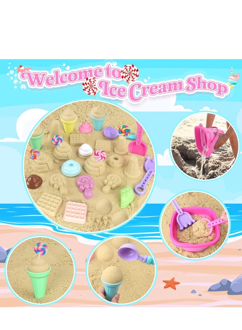 CUNUUDOOL Collapsible Beach Toys Set for Kids Toddlers Girls, Collapsible Sand Bucket and Shovels Set with Mesh Bag & Sand Molds, Ice Cream Travel Sand Toys for Beach, Sandbox Toys for Toddlers Kids Age 3-10 - Image 4