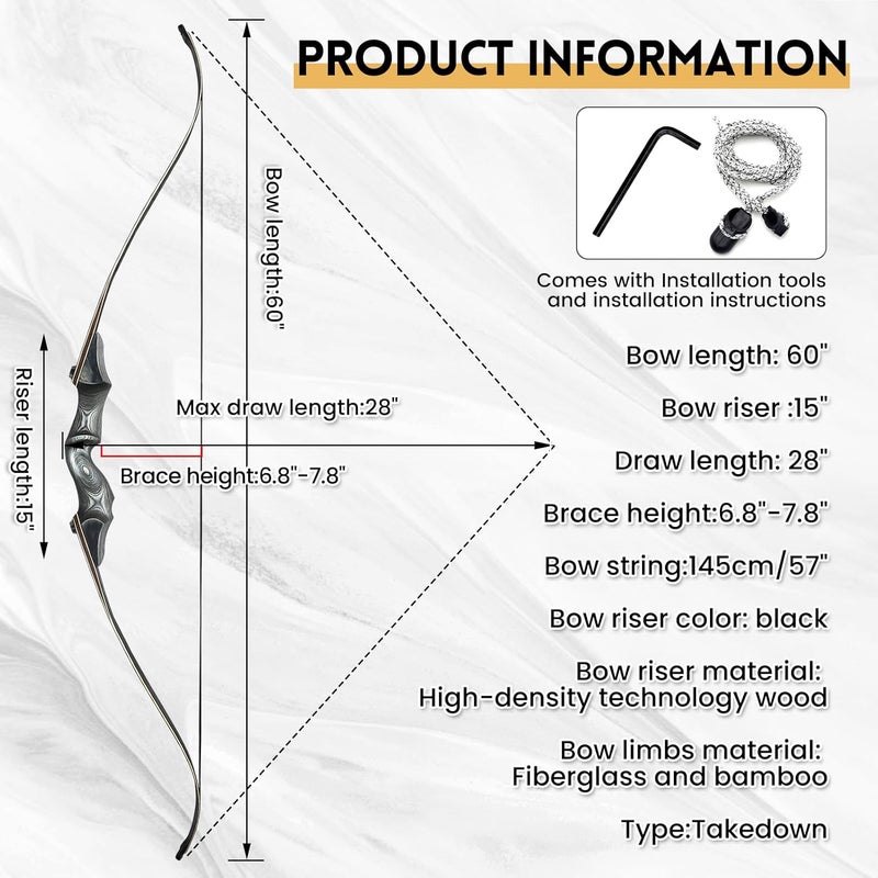 Obert Original Black Hunter Takedown Recurve Bow 60inch with Bamboo Core Limbs Archery Hunting Target Practice - Image 3