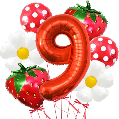 Corabsar Strawberry Balloons Ninth Birthday Decorations for Girl 40 Inch Mylar Red Number 9 Balloons Strawberry Balloon for Strawberry Birthday Decorations Strawberry Themed Party - Image 1