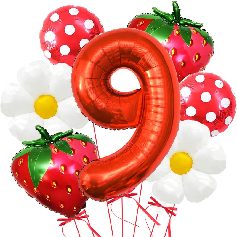 Corabsar Strawberry Balloons Ninth Birthday Decorations for Girl 40 Inch Mylar Red Number 9 Balloons Strawberry Balloon for Strawberry Birthday Decorations Strawberry Themed Party - Image 3