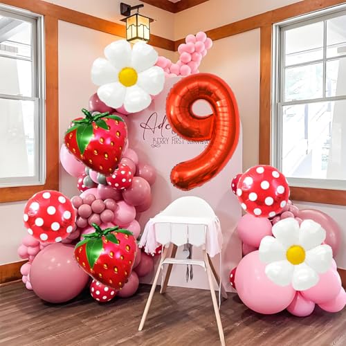 Corabsar Strawberry Balloons Ninth Birthday Decorations for Girl 40 Inch Mylar Red Number 9 Balloons Strawberry Balloon for Strawberry Birthday Decorations Strawberry Themed Party - Image 5