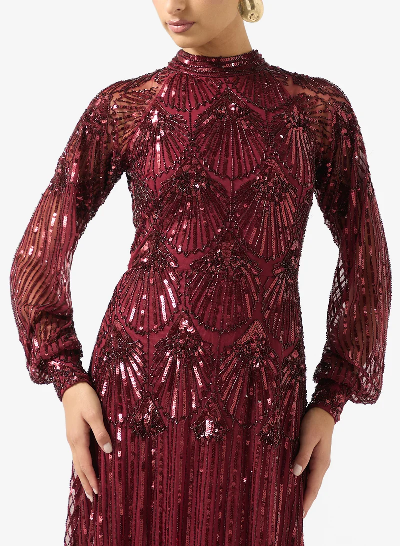 Amelia Rose  Crew Neck Sequin Embellished Maxi Dress for Women | Best Price UAE