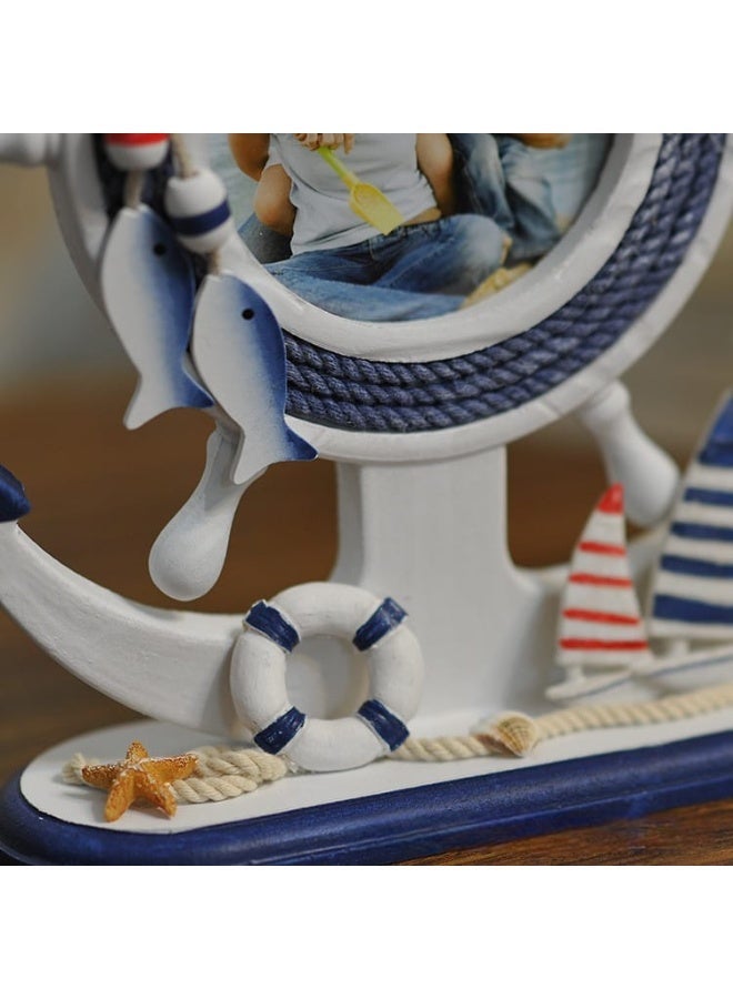 Wooden Nautical Anchor & Ship Wheel Photo Frame Tabletop Decor (31 x 24 cm) - (Frame & Anchor - Image 5