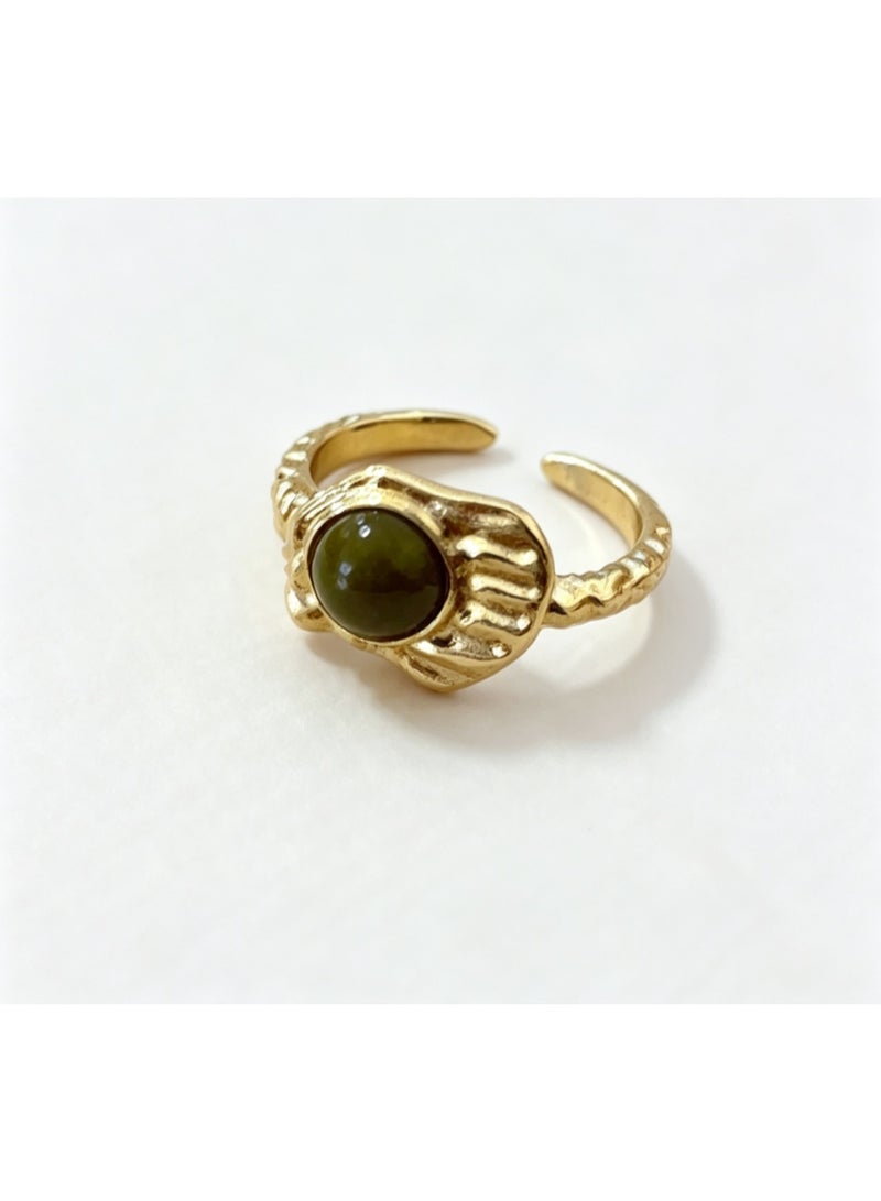 Green Round Zircon Open Ring, Vintage Gold Tone - Image 1