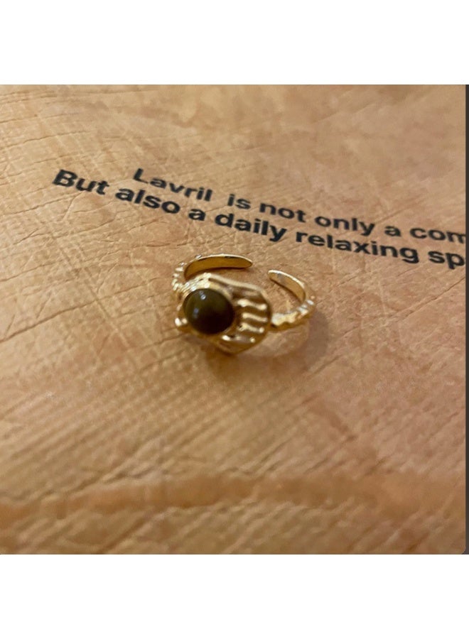 Green Round Zircon Open Ring, Vintage Gold Tone - Image 2