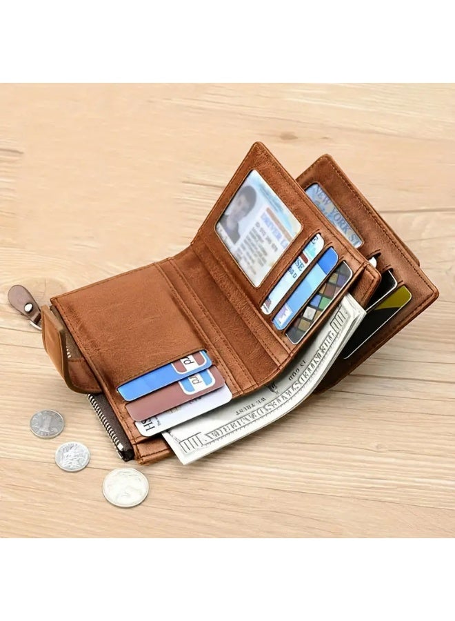 BINLIROO Vintage-style men's genuine leather wallet featuring an RFID-protected card slot, coin compartment, business card holder and secure zip closure. Men's wallet (Khaki). - Image 3