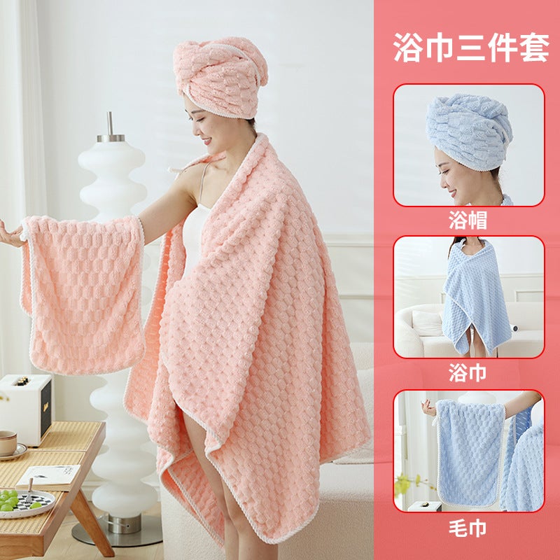 Coral Velvet Cloud Plaid Towel Absorbs Water And Does Not Shed Lint Bath Towel Adult Shower Cap Set Manufacturer Thickened Delivery - Image 2