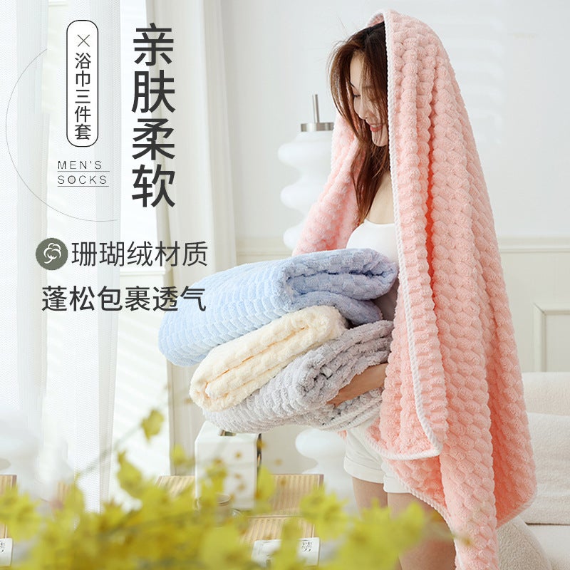 Coral Velvet Cloud Plaid Towel Absorbs Water And Does Not Shed Lint Bath Towel Adult Shower Cap Set Manufacturer Thickened Delivery - Image 5