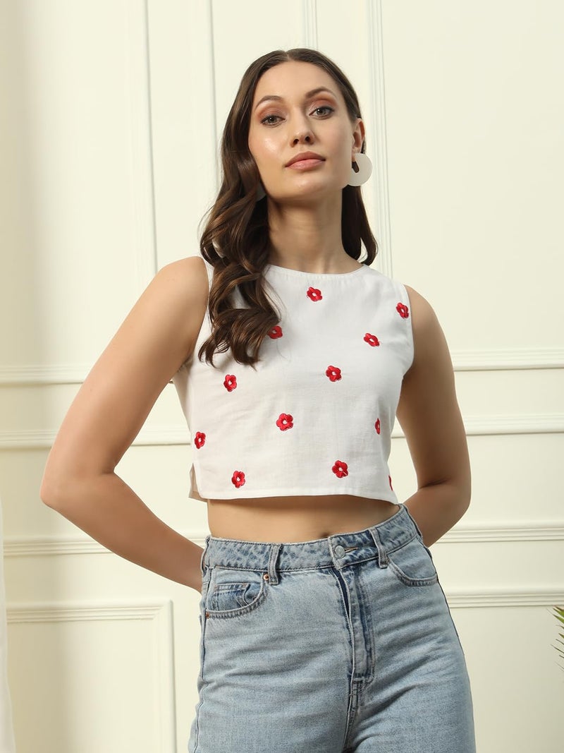 FIORRA Women's White Embroidered Cotton Crop Top TOP014 - Image 3