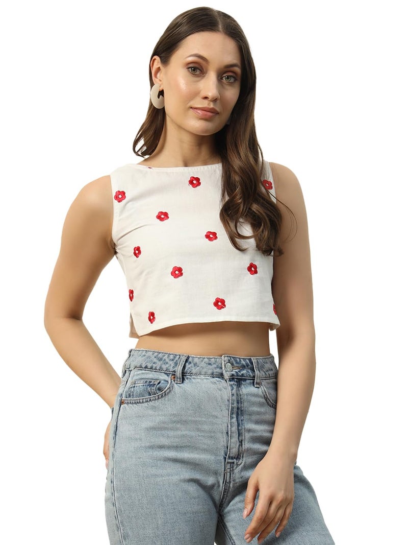 FIORRA Women's White Embroidered Cotton Crop Top TOP014 - Image 1