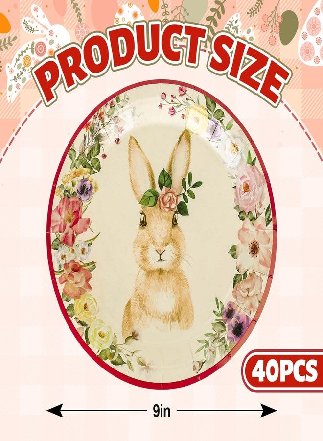 JarThenaAMCS 40Pcs Easter Paper Plates Vintage Bunny Rabbit Flower Disposable Plates Spring Floral Round Tableware Dinner Dessert Plates Easter Theme Plates for Appetizer Party Decor Supplies, 9 Inch - Image 2