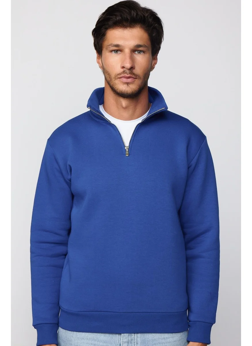 Tudors Cotton Stand Collar Zippered Sax Blue Unisex Sweatshirt