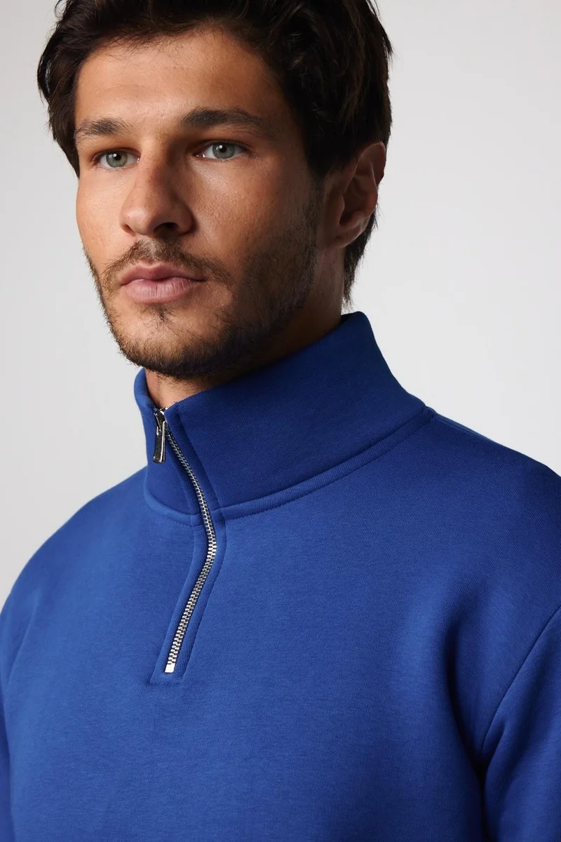 تودورس Cotton Stand Collar Zippered Sax Blue Unisex Sweatshirt