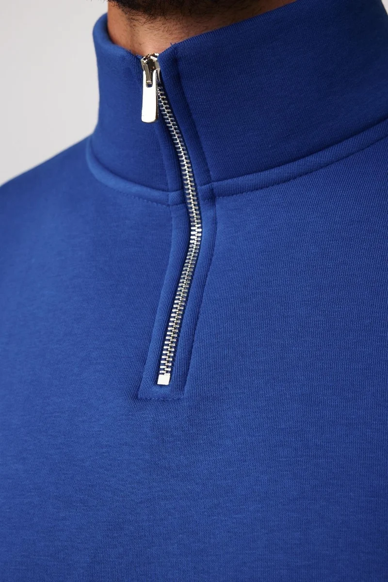 تودورس Cotton Stand Collar Zippered Sax Blue Unisex Sweatshirt
