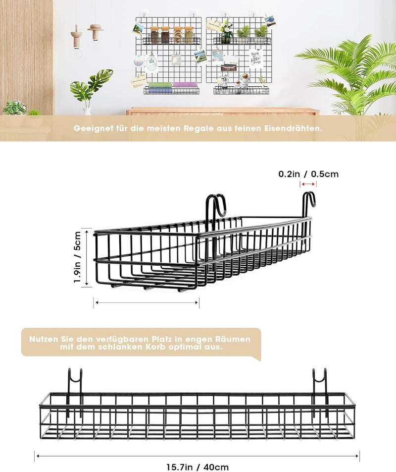 ANZOME Wire Wall Basket, Grid Basket with Hooks, Wall Mounted Organizer for Wall Grid, Kitchen Organizer, Wire Storage Shelf Rack for Home Supplies, Wall Decoration(Double) - Image 2