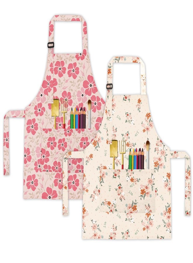 BeeGreen Kids Apron 2 Pack Pink White Floral Kids Painting Aprons with Adjustable Strap & Front Pockets Toddler Aprons for Girls & Boys Artist Smocks for Cooking Baking Kitchen Washable, Medium - Image 1