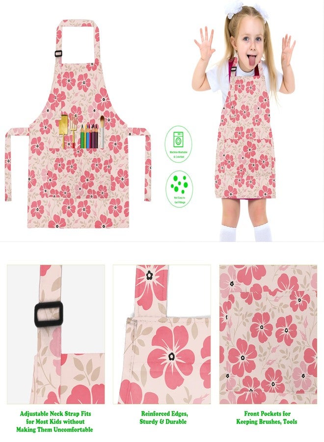 BeeGreen Kids Apron 2 Pack Pink White Floral Kids Painting Aprons with Adjustable Strap & Front Pockets Toddler Aprons for Girls & Boys Artist Smocks for Cooking Baking Kitchen Washable, Medium - Image 3