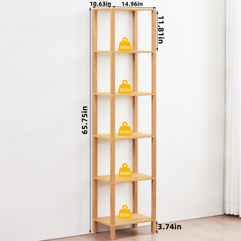 YUFAM 66in Tall Bookshelf 6-Tier Small Narrow Bookcase, Skinny Book Shelf for Small Space, Farmhouse Slim Shelf with Storage, Wood Freestanding Display Thin Bookshelves for Living Room, Natural - Image 2