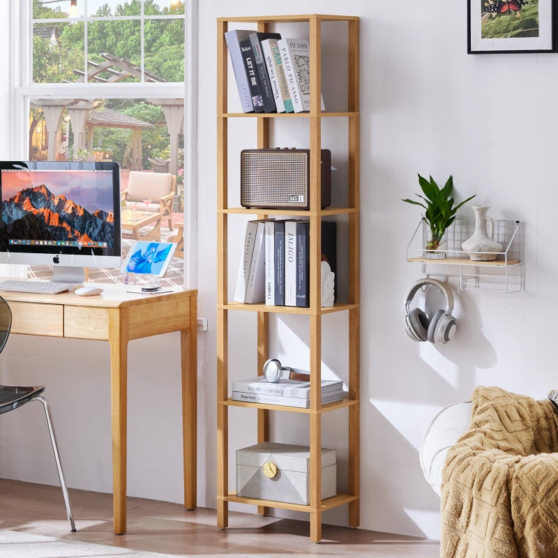 YUFAM 66in Tall Bookshelf 6-Tier Small Narrow Bookcase, Skinny Book Shelf for Small Space, Farmhouse Slim Shelf with Storage, Wood Freestanding Display Thin Bookshelves for Living Room, Natural - Image 1