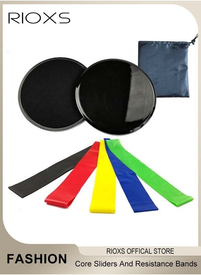 RIOXS - Exercise Equipment,Core Sliding Discs+5 Pcs Resistance Bands+Cloth Bag,Dual Sided Fitness Sliders Discs With Resistance Bands For Smooth Sliding,For Carpet Hardwood Floors,Workout Home Gym Sliders - Image 1