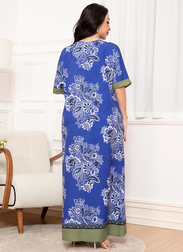 فرايديين لبس العمل انيق طوق على شكل V زهري مشجر ضمادة كم الفانوس فساتين طويلة ازرق - Image 2