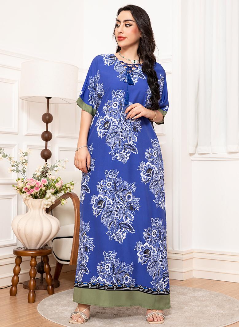 فرايديين لبس العمل انيق طوق على شكل V زهري مشجر ضمادة كم الفانوس فساتين طويلة ازرق - Image 4