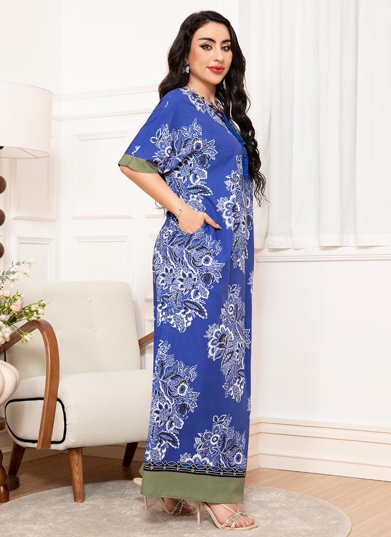 فرايديين لبس العمل انيق طوق على شكل V زهري مشجر ضمادة كم الفانوس فساتين طويلة ازرق - Image 3