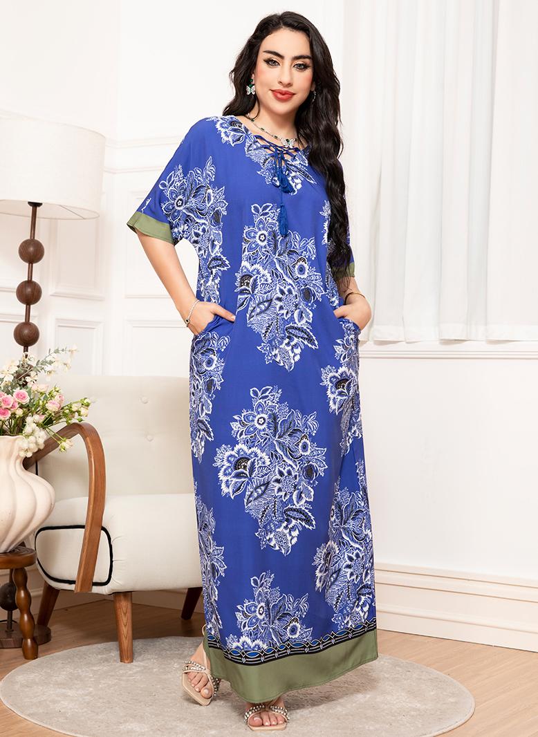 فرايديين لبس العمل انيق طوق على شكل V زهري مشجر ضمادة كم الفانوس فساتين طويلة ازرق - Image 5