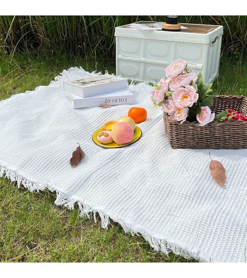 Thickened Outdoor Picnic Mat 35x35 Inches Portable Camping Blanket White Plaid Tear Proof - Image 4