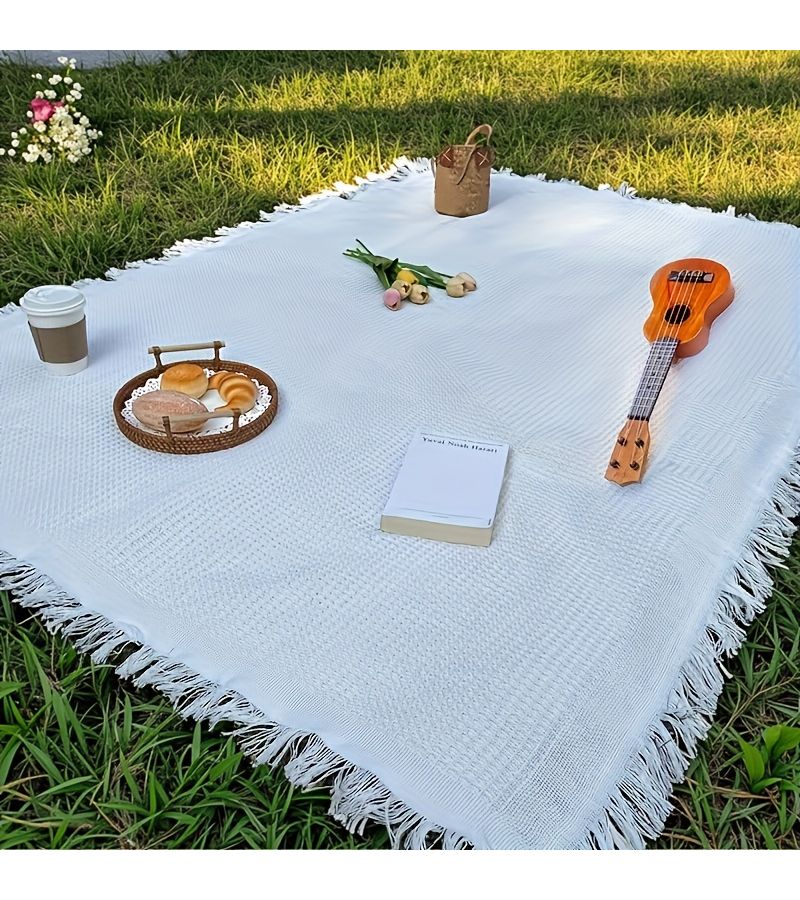 Thickened Outdoor Picnic Mat 35x35 Inches Portable Camping Blanket White Plaid Tear Proof - Image 1
