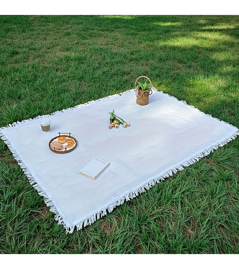 Thickened Outdoor Picnic Mat 35x35 Inches Portable Camping Blanket White Plaid Tear Proof - Image 2