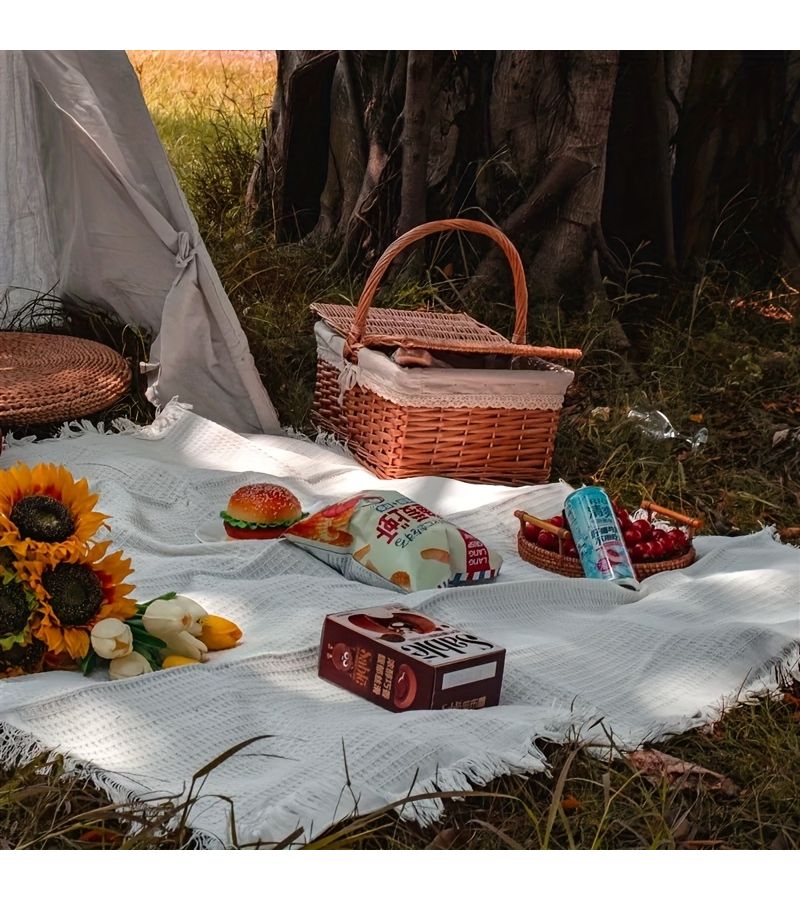 Thickened Outdoor Picnic Mat 35x35 Inches Portable Camping Blanket White Plaid Tear Proof - Image 3