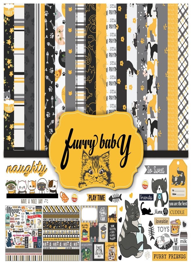 Inkdotpot Black & Yellow Cat Theme Collection Double,Sided Scrapbook Paper Kit Cardstock 12"x12" Card Making Paper Pack of with Sticker Sheet - 16 Pages - Black & Yellow - Image 1