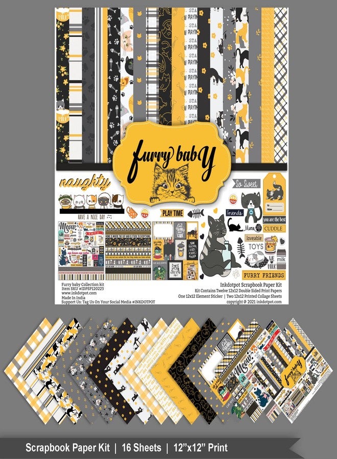 Inkdotpot Black & Yellow Cat Theme Collection Double,Sided Scrapbook Paper Kit Cardstock 12"x12" Card Making Paper Pack of with Sticker Sheet - 16 Pages - Black & Yellow - Image 3