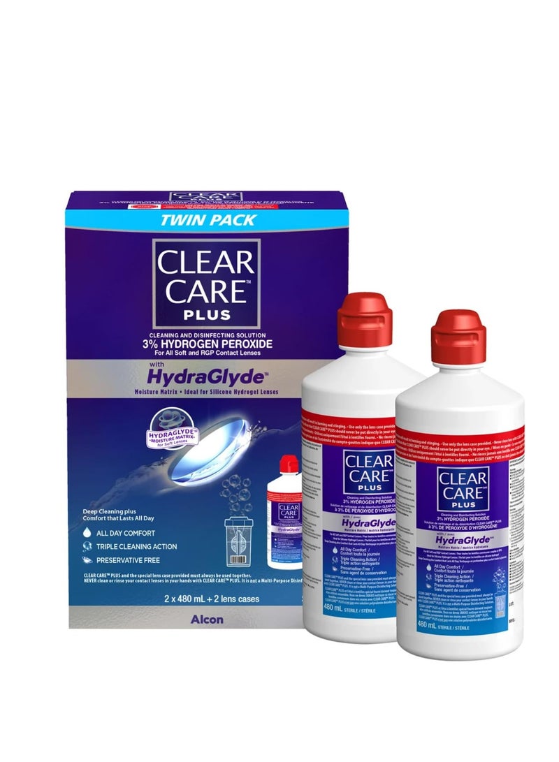 كلير كير بالإضافة إلى محلول التنظيف والتطهير HydraGlyde بنسبة 3% من بيروكسيد الهيدروجين لجميع العدسات اللاصقة اللينة والصلبة - عبوة من قطعتين سعة 480 مل مع حافظتين للعدسات - Image 1