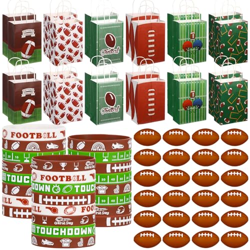ShinyRelief 72 Pcs Football Party Favors Set Includes 24 Paper Gift Bags 24 Silicone Wristbands 24 Mini Sports Stress Balls Goodie Bag Fillers Gifts for Sports Themed Birthday Party Supplies - Image 1