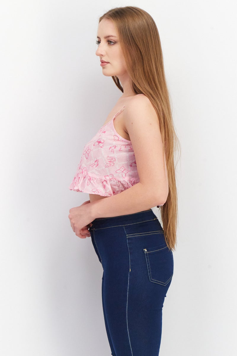 Asos Design Women Scoop Neck Sleeveless Allover Crop Top, Pink - Image 2