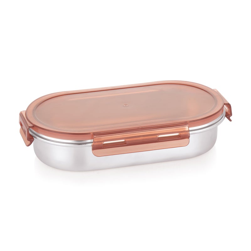 Attro Steelox Oval Stainless Steel Container with Plastic Seal Lid BPA Free Food Grade Leak-Proof Ideal for School, Office & Outdoor Lunch Pack - 540ml Brown - Image 4