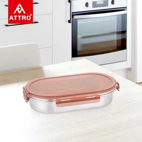 Attro Steelox Oval Stainless Steel Container with Plastic Seal Lid BPA Free Food Grade Leak-Proof Ideal for School, Office & Outdoor Lunch Pack - 540ml Brown - Image 2