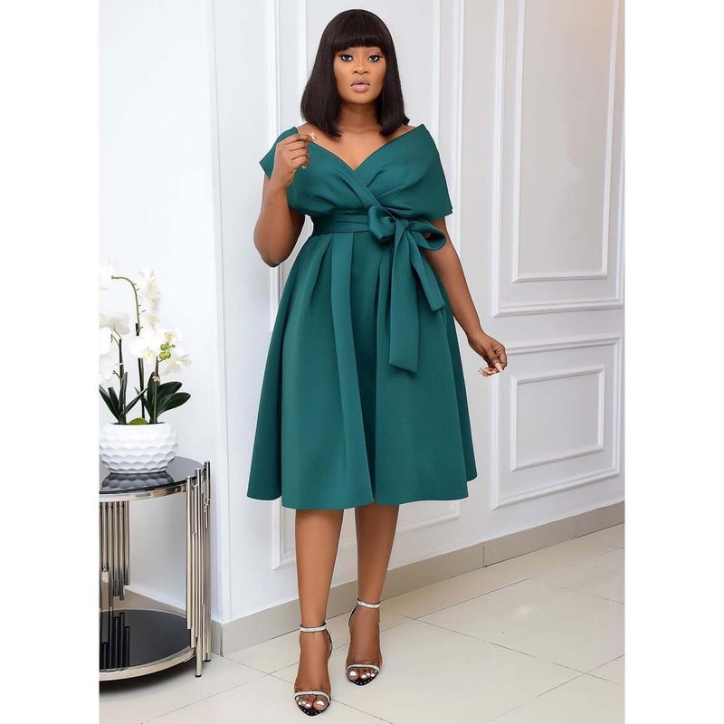 V-Neck Belted Plus Size Dress 2022 New Fashionable Workwear Black  - Image 3