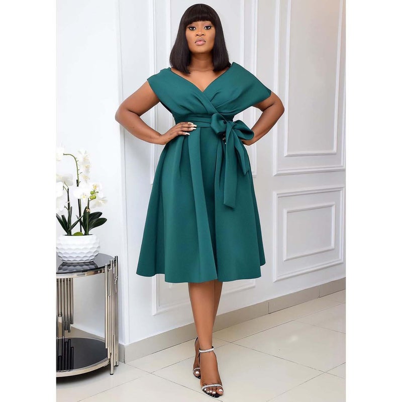 V-Neck Belted Plus Size Dress 2022 New Fashionable Workwear Black  - Image 5