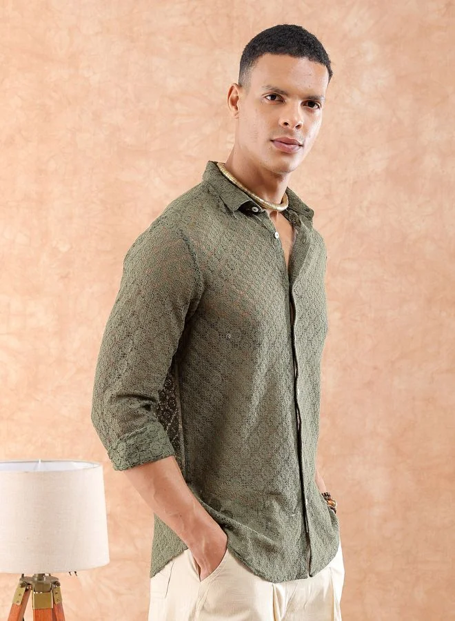 The Indian Garage Co Men Slim Fit Solid Full Sleeves Cutaway Collar Resort Wear Shirt