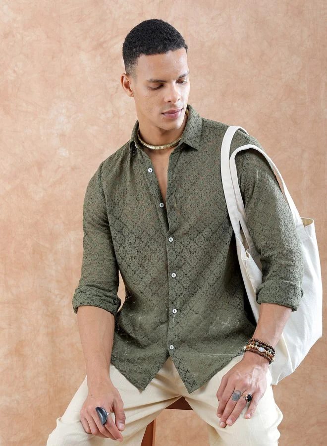 The Indian Garage Co Men Slim Fit Solid Full Sleeves Cutaway Collar Resort Wear Shirt