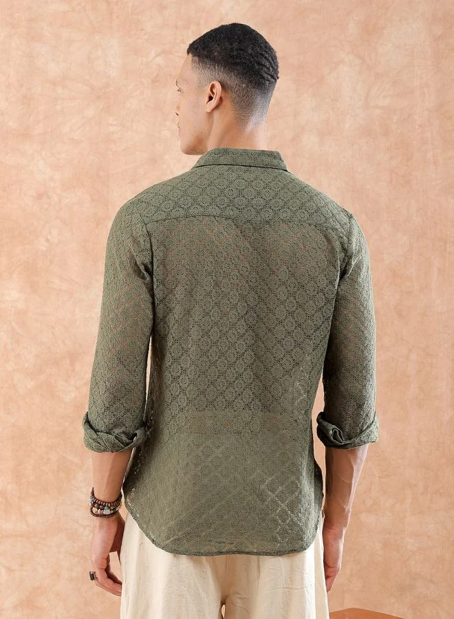 The Indian Garage Co Men Slim Fit Solid Full Sleeves Cutaway Collar Resort Wear Shirt